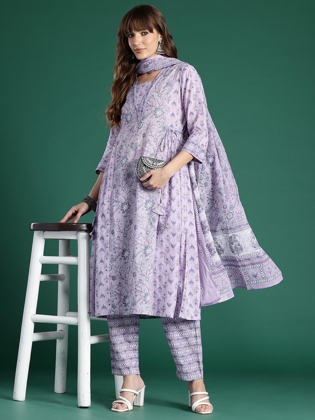

Indo Era Floral Printed Pleated Pure Cotton Kurta With Trousers & Dupatta, Lavender