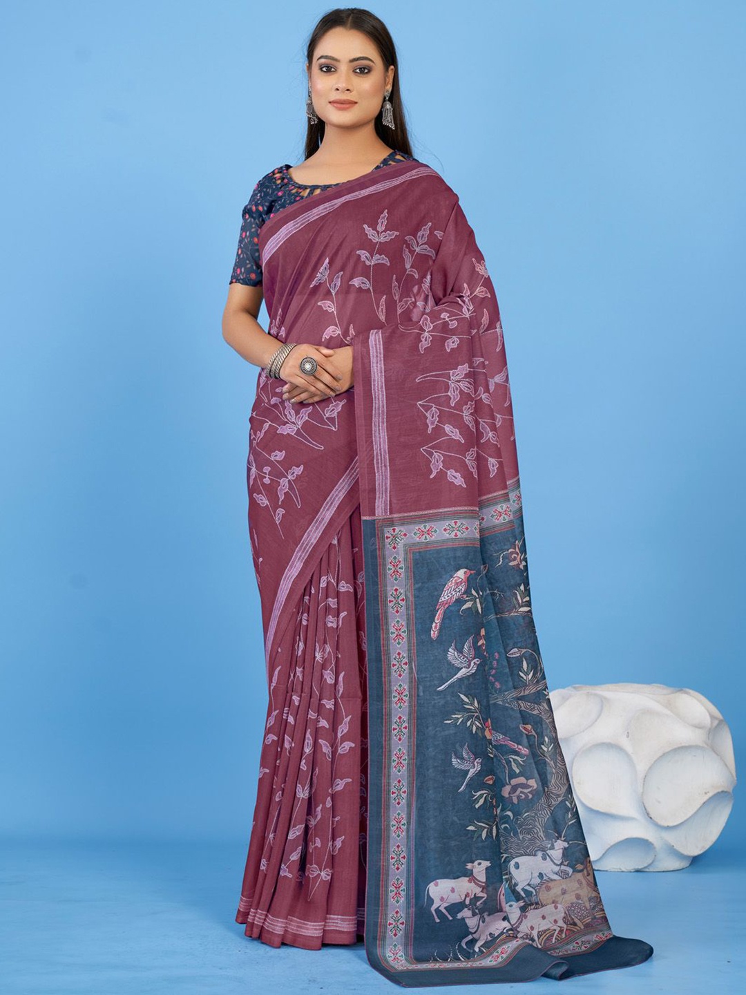 

Mitera Floral Linen Blend Bagh Saree, Burgundy