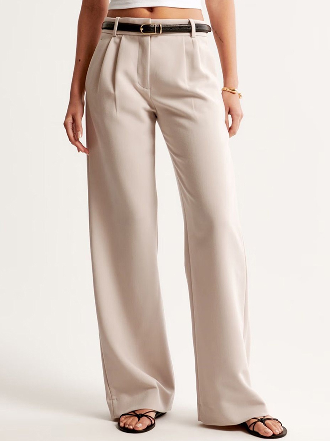 

FNOCKS Women Cotton Ultra Tapered Fit High-Rise Pleated Parallel Trousers, Cream