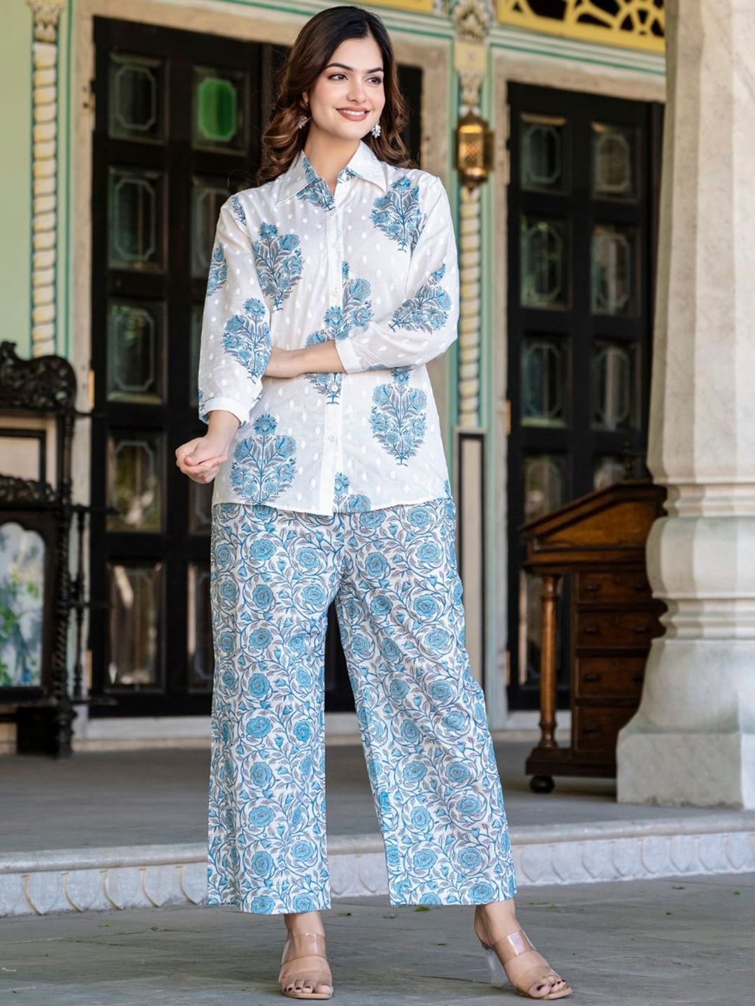 

SAADGEE Printed Cotton Shirt Collar Neck Shirt With Palazzos Co-Ords, Blue