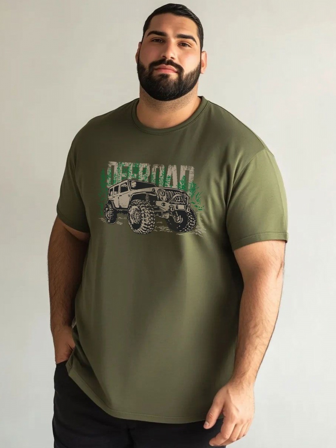 

Toodle Plus Plus Size Graphic Printed Round Neck Pure Cotton T-Shirt, Olive