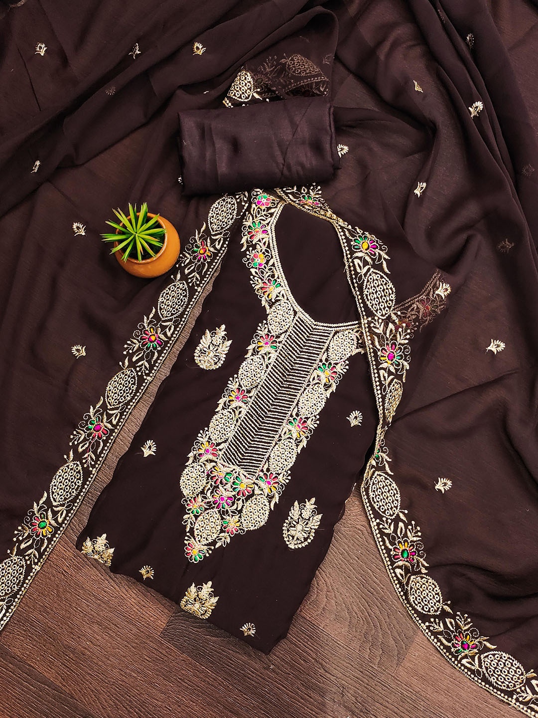 

MANVAA Embellished Organza Unstitched Dress Material, Brown