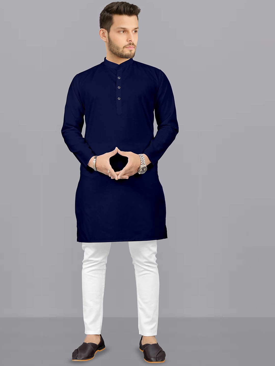

Fashion FRICKS Band Collar Straight Kurta With Pyjamas, Navy blue