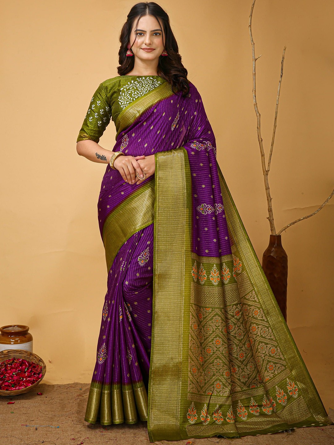 

V3 FASHION STUDIO Ethnic Motifs Zari Art Silk Saree, Purple