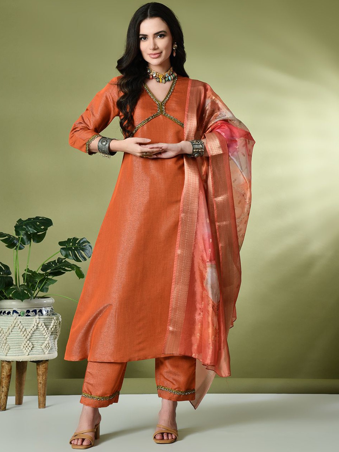 

KALINI Floral Yoke Design Zari V-Neck Pure Silk A-Line Kurta with Trouser & Dupatta, Orange