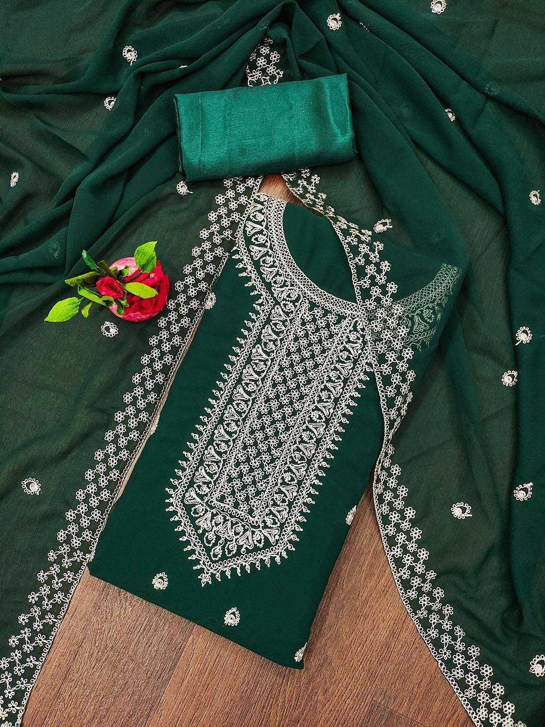 

Rangtulika Floral Embroidered Georgette Unstitched Dress Material, Green