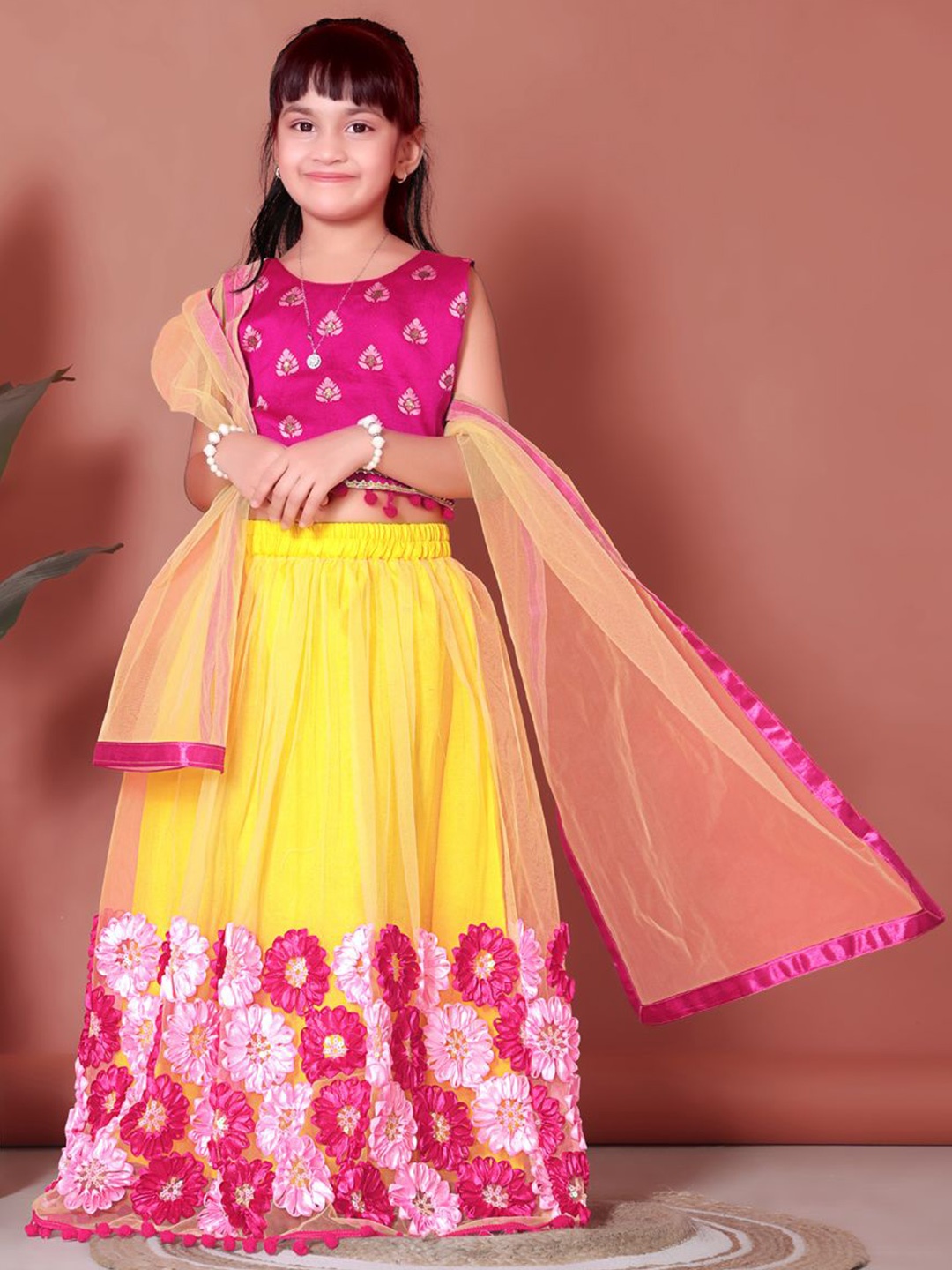 

BAESD Girls Patchwork Ready to Wear Lehenga & Blouse With Dupatta, Yellow