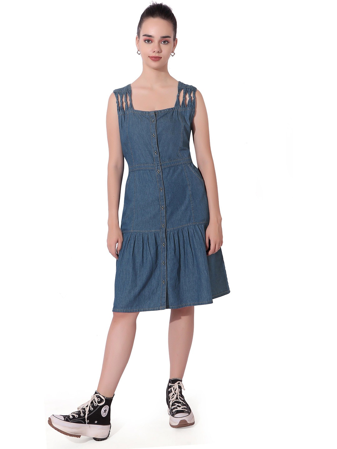 

CEFALU Denim Fit & Flare Midi Dress, Blue