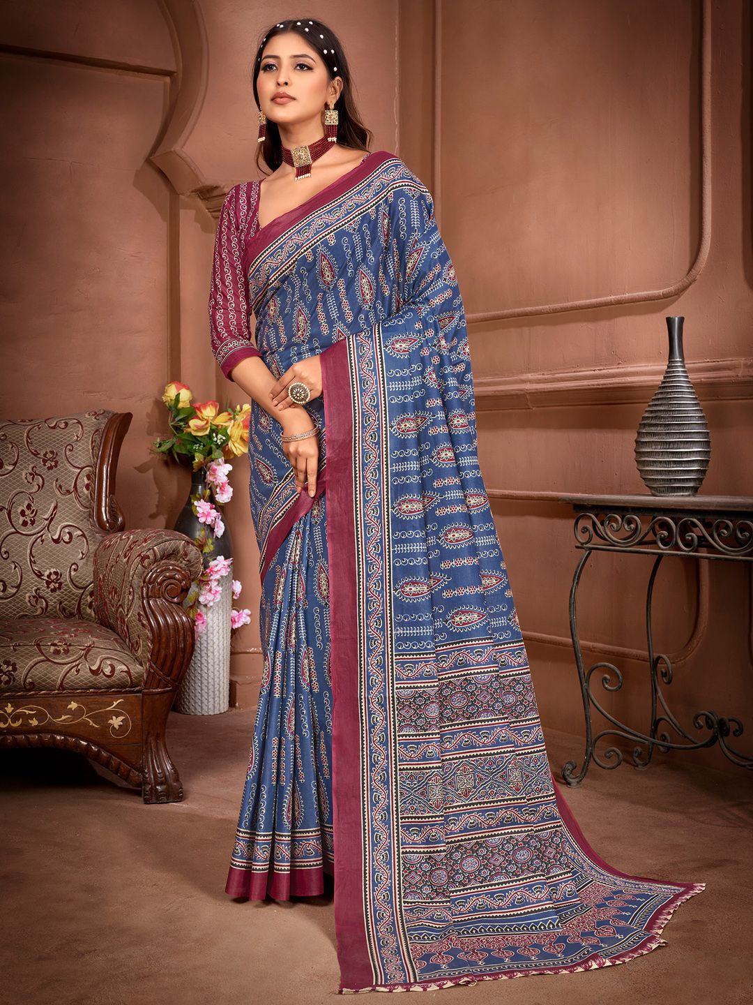 

Mitera Ethnic Motifs Bagru Saree, Blue