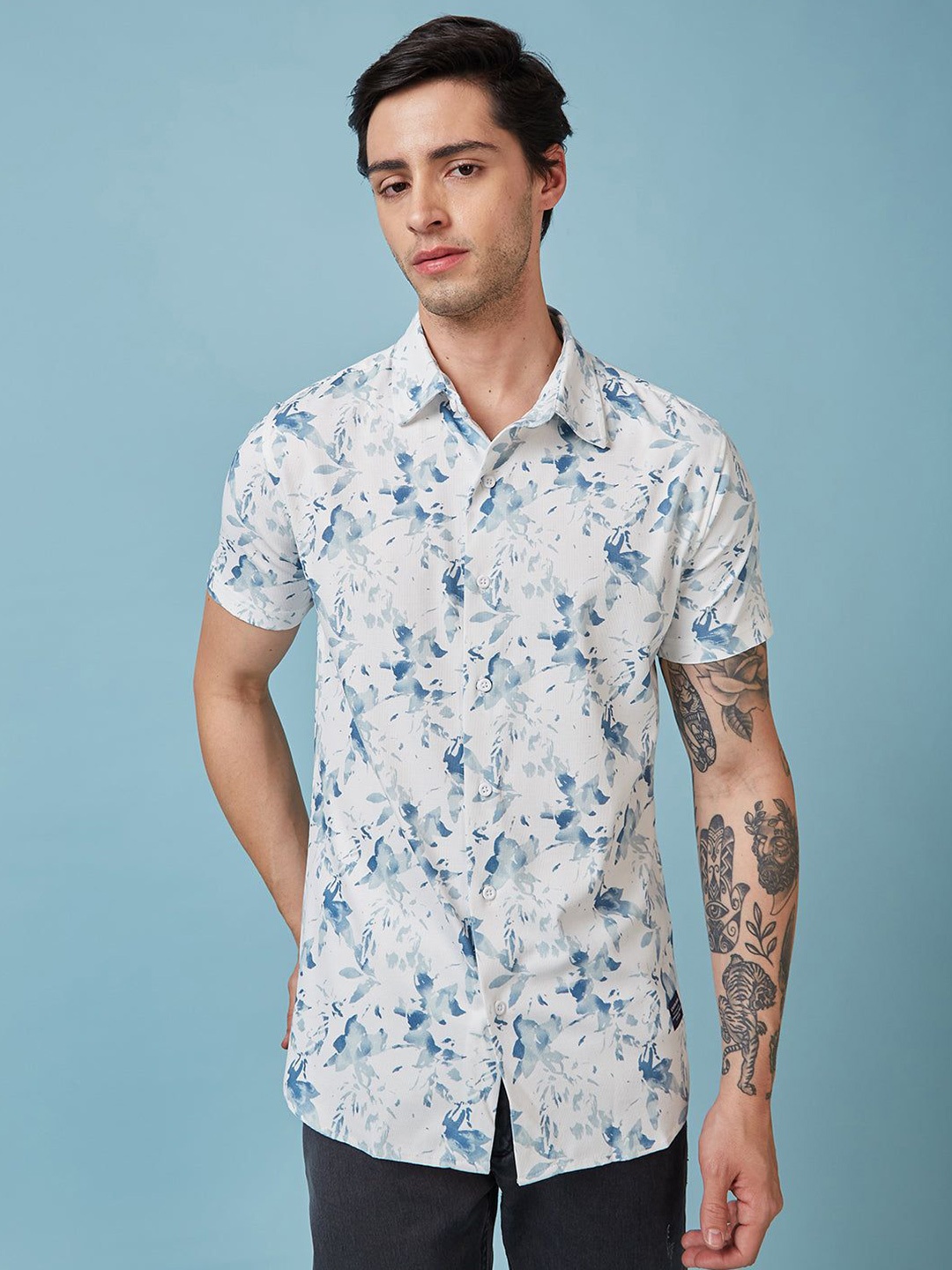 

Status Quo Men Standard Floral Opaque Printed Casual Shirt, Blue