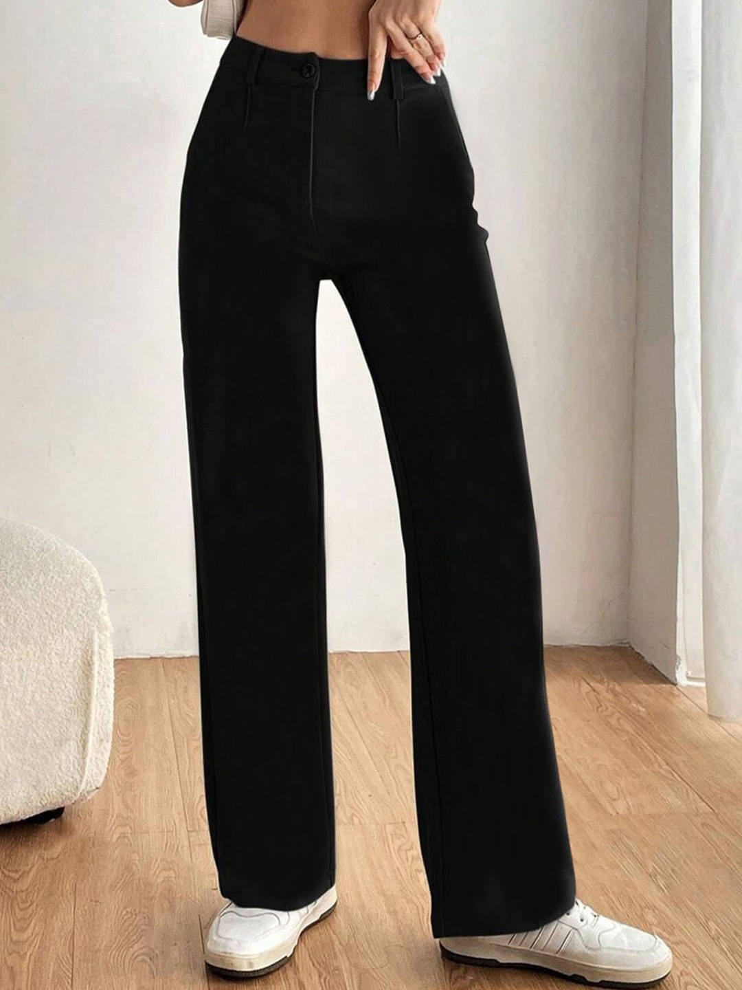 

KERI PERRY Women Relaxed Straight Leg Regular Fit High-Rise Trousers, Black