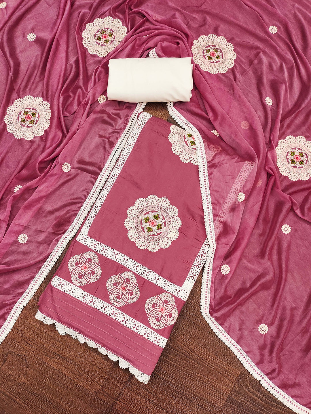 

SAINOOR Embroidered Pure Silk Semi-Stitched Dress Material, Pink