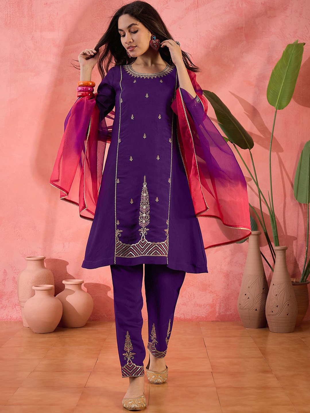 

Sangria Floral Embroidered Sequinned A-Line Kurta With Trousers & Dupatta, Purple