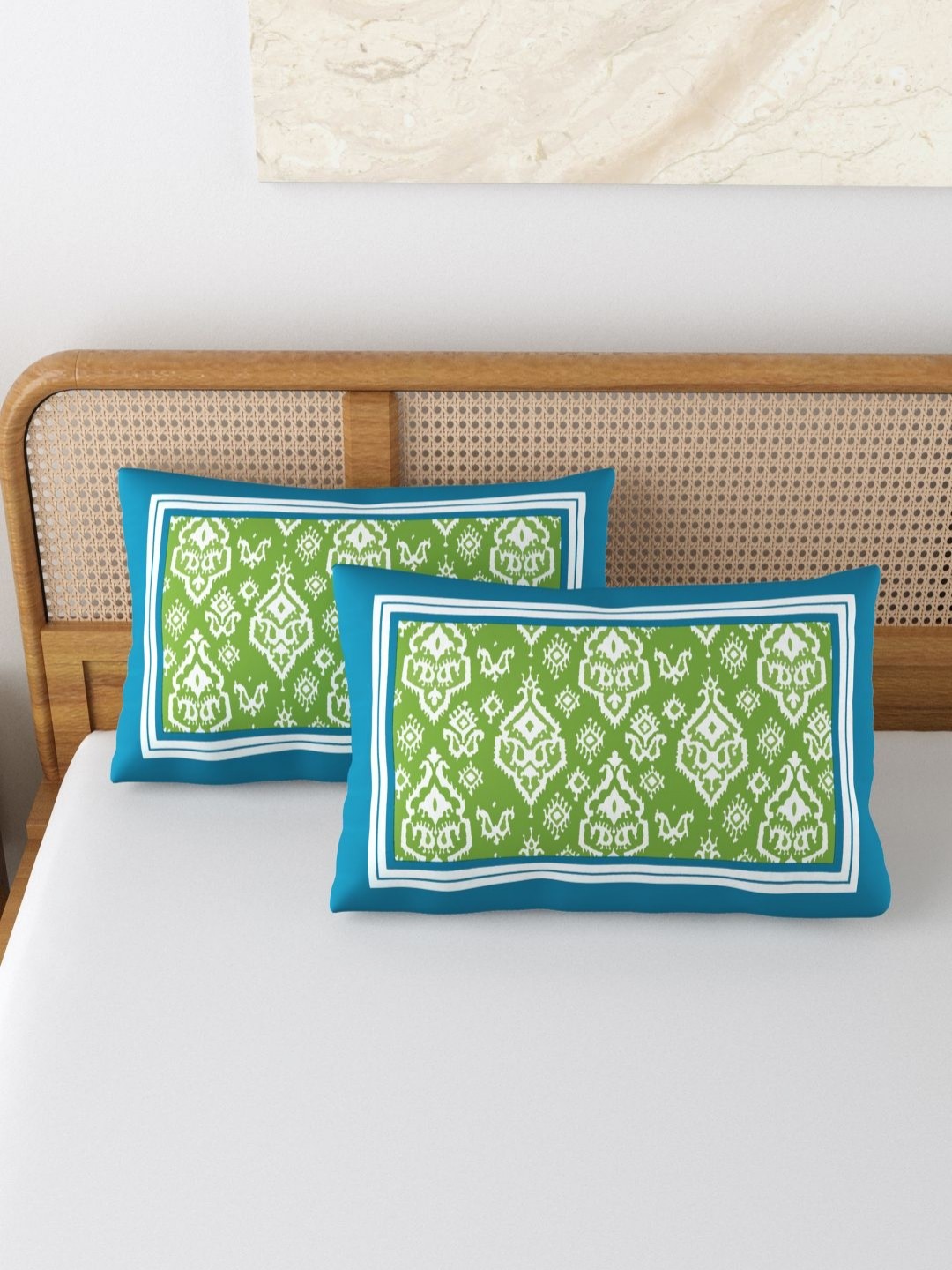 

BLOCKS OF INDIA Green & White 2 Pieces Printed Pure Cotton Rectangle Pillow Covers