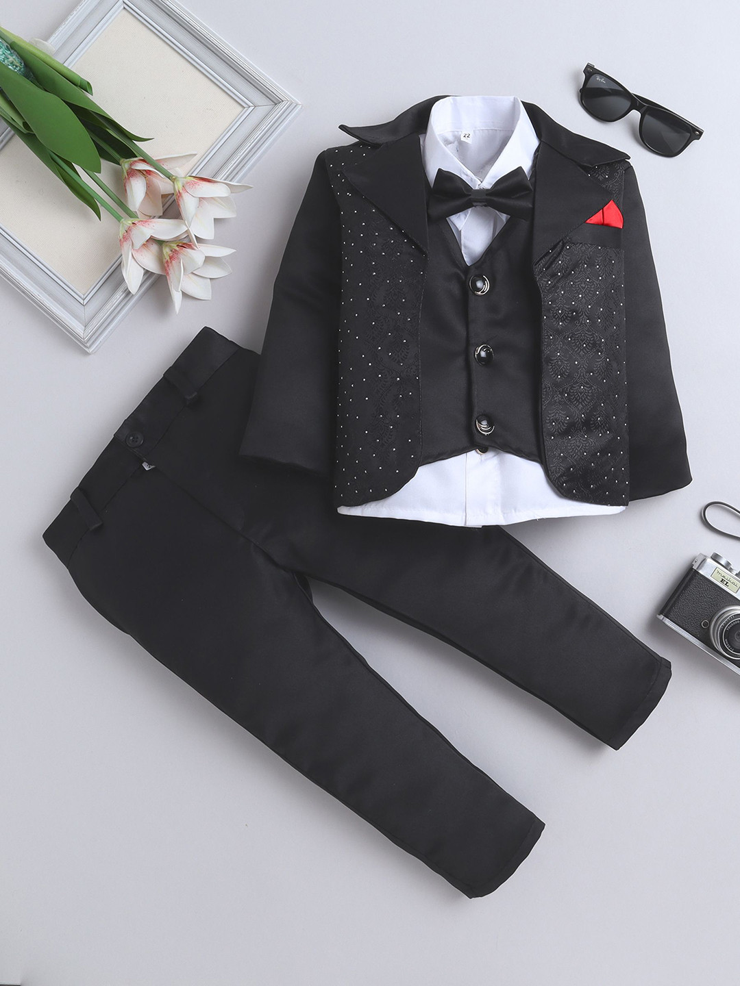 

BAESD Boys Embellished Single-Breasted Three-Piece Suit, Black