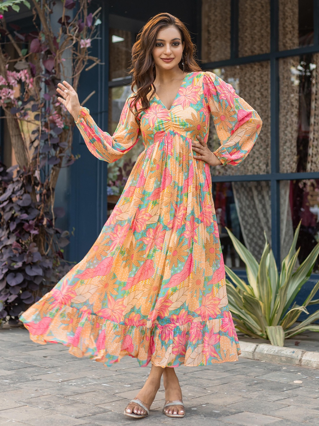 

Masakali.Co Floral Print Flared Sleeve Georgette Fit & Flare Maxi Dress, Pink
