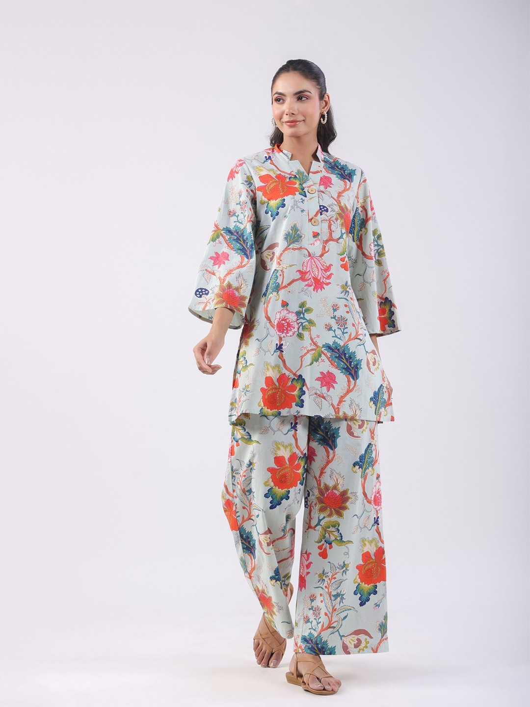 

JISORA Printed V-Neck Pure Cotton Tunic With Palazzos Co-Ords Set, Blue