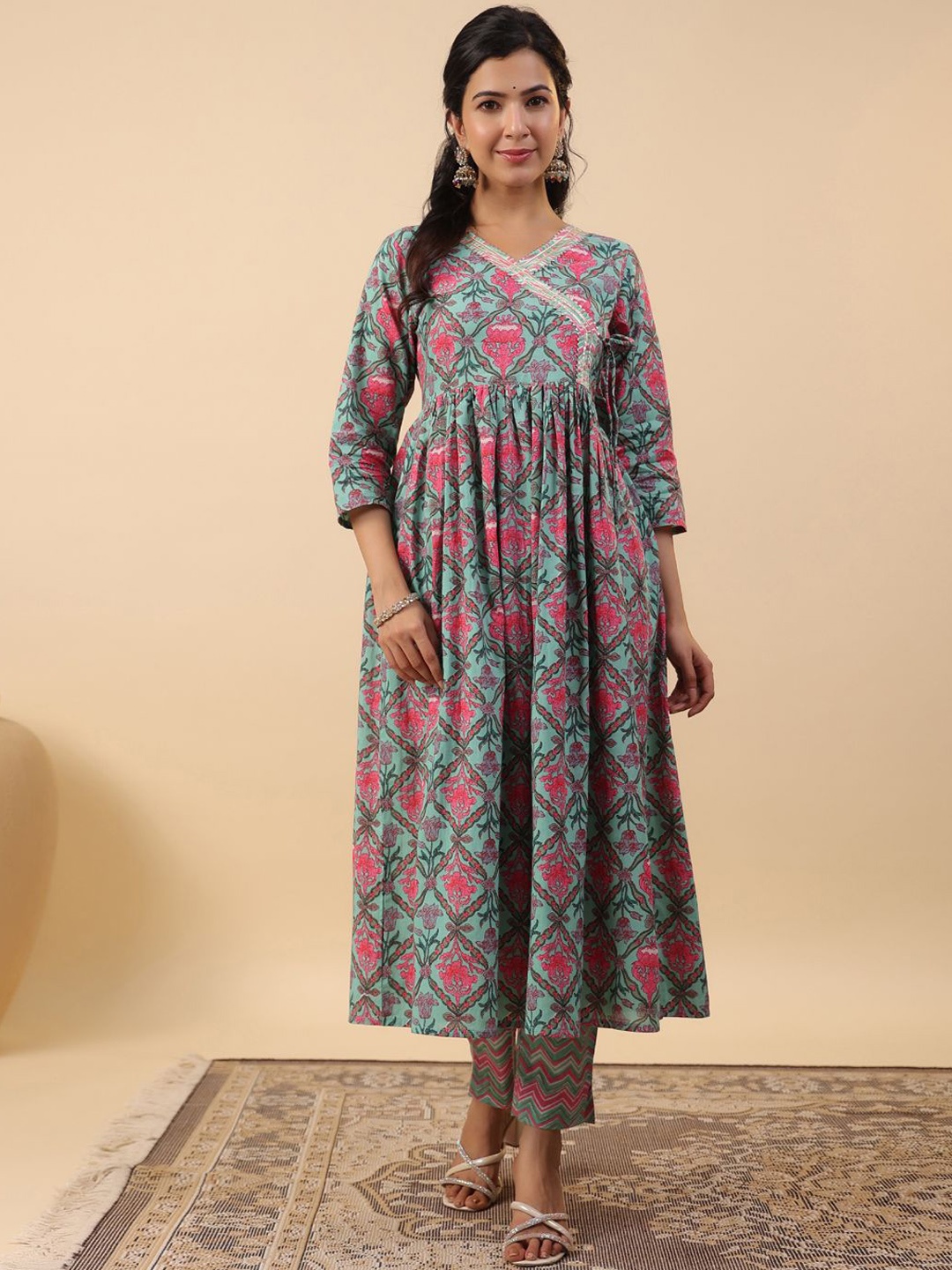 

KALINI Women Ethnic Motifs Printed Angrakha Pure Cotton Kurta with Trousers, Green