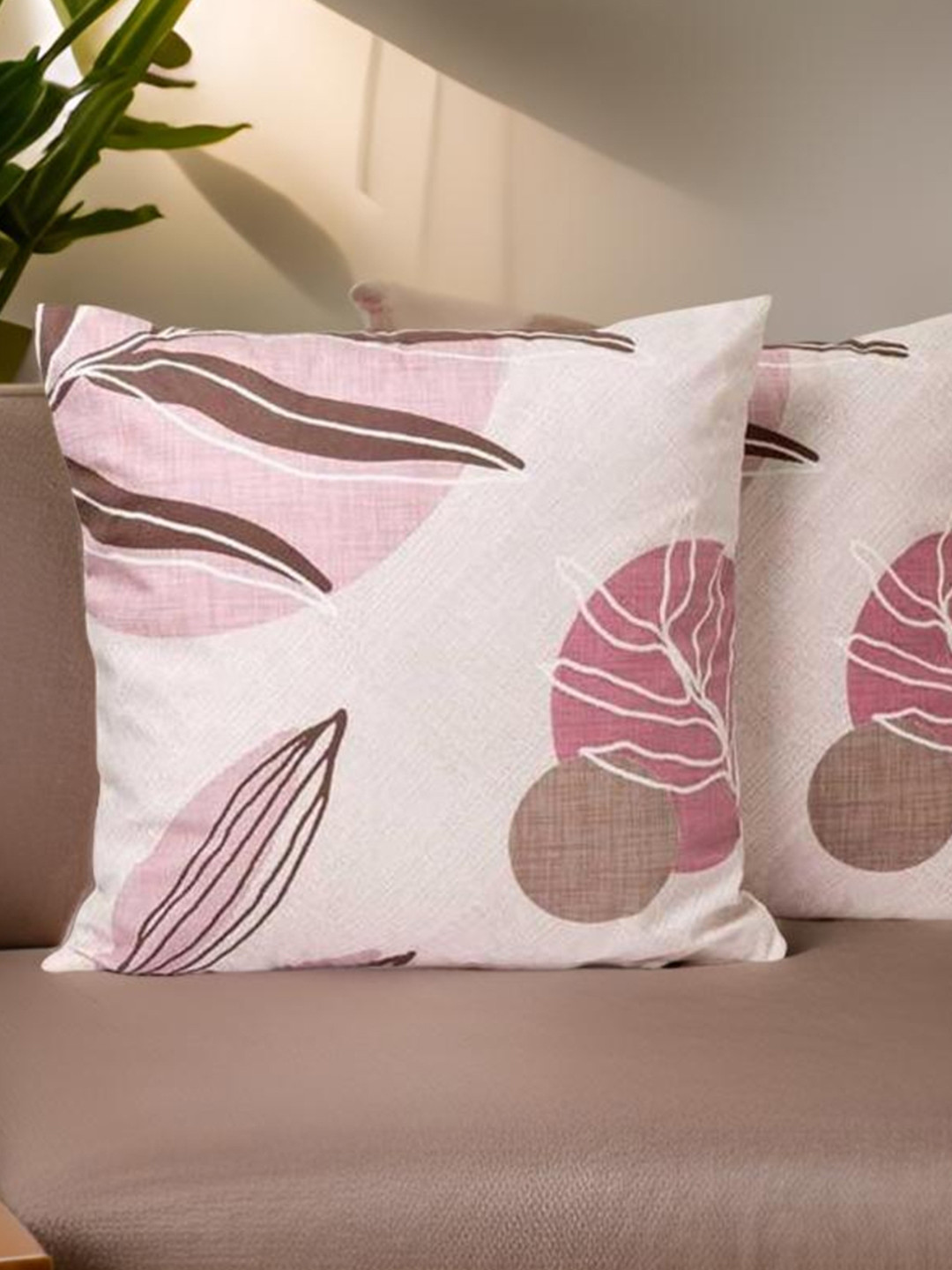 

Aura Pink And Brown 2 Pieces Floral Printed Cotton Square Cushion Covers