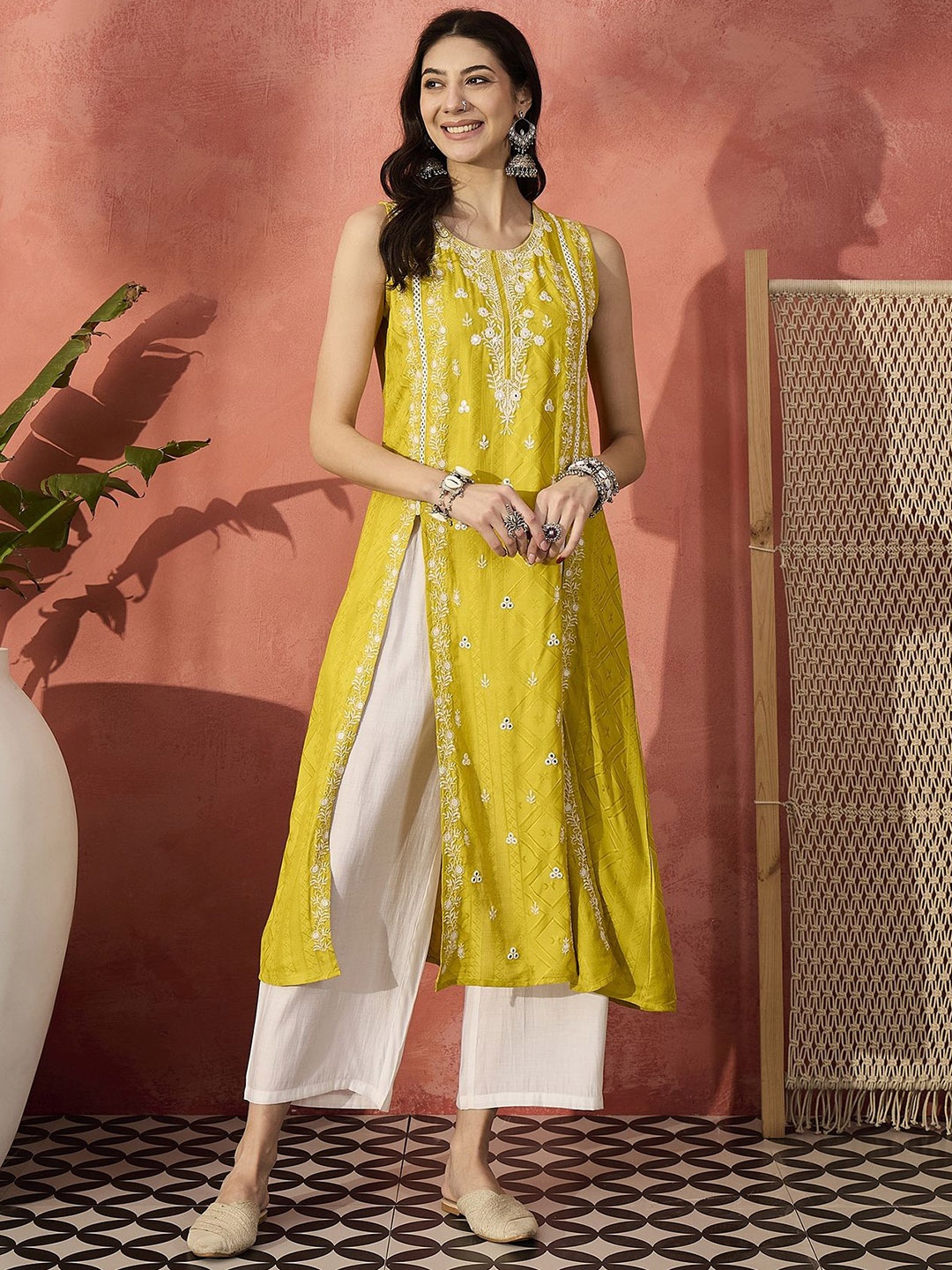

Sangria Floral Embroidered Mirror Work Straight Kurta With Trousers, Yellow