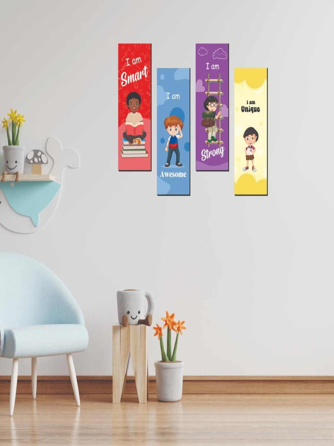 

CVANU Red & Blue 4 Pieces Kids Printed Wooden Printed Wall Art