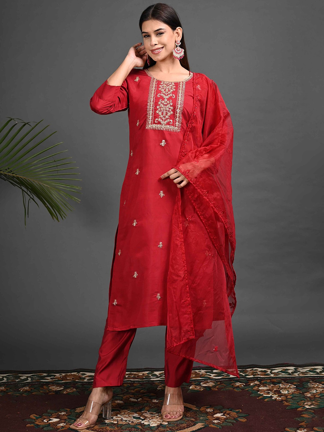 

GOLDSTROMS Floral Embroidered Zari Georgette Straight Kurta With Trousers & Dupatta, Red