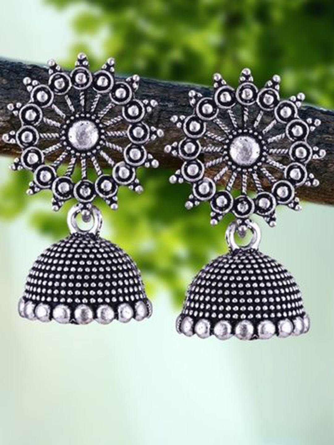 

DIVASTRI Set Of 4 Silver-Plated Oxidised Peacock Shaped Jhumkas