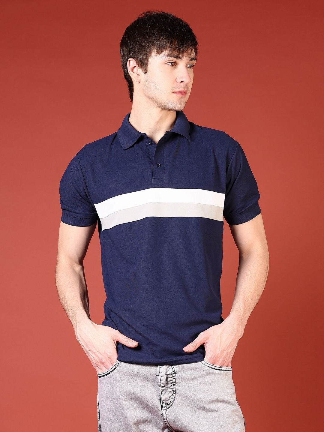 

V-Mart Men Colourblocked Polo Collar Pockets Slim Fit T-shirt, Navy blue