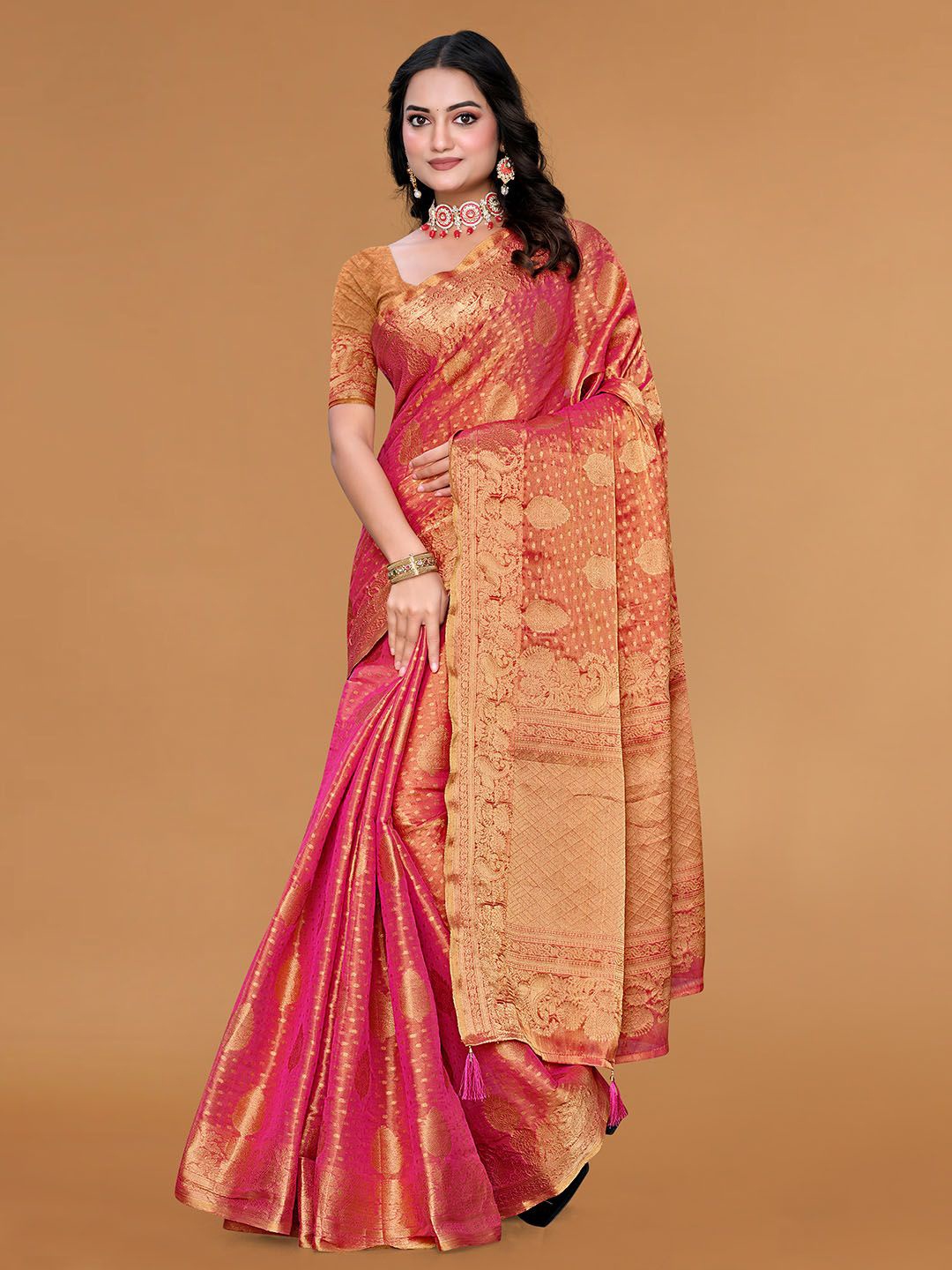 

Meena Bazaar Woven Design Zari Saree, Pink