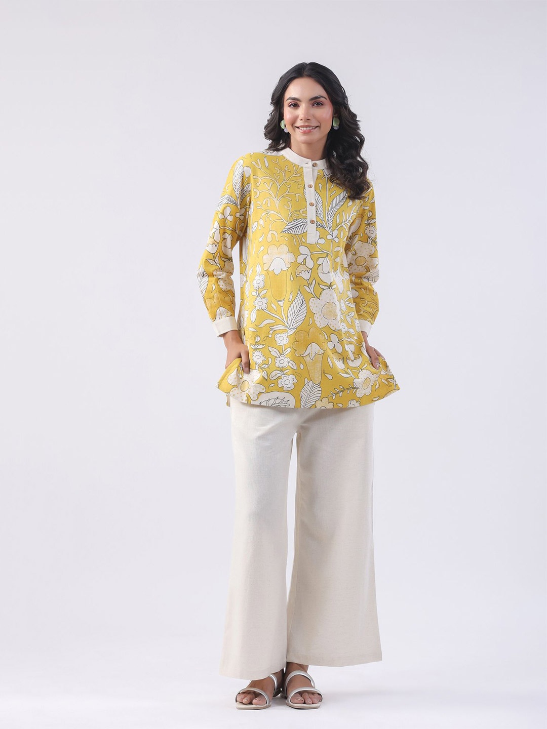 

JISORA Printed Band Collar Pure Cotton Tunic With Palazzos Co-Ords Set, Yellow