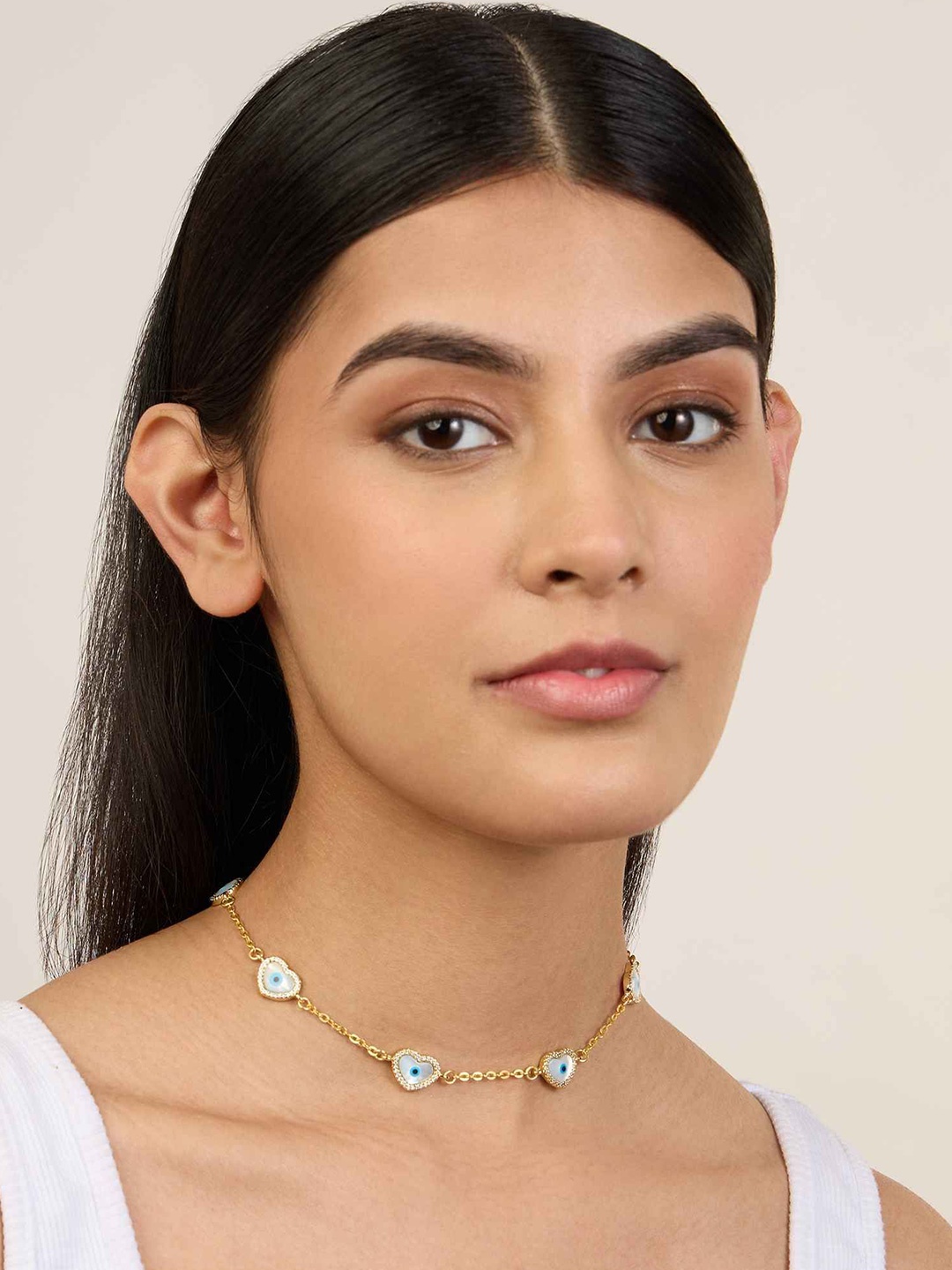 

MNSH Gold-Plated Artificial Stones Studed Evil Eye Heart Necklace