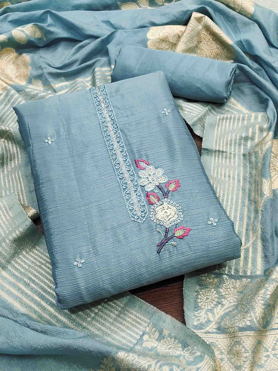 

KIMISHA Embroidered Unstitched Dress Material, Blue