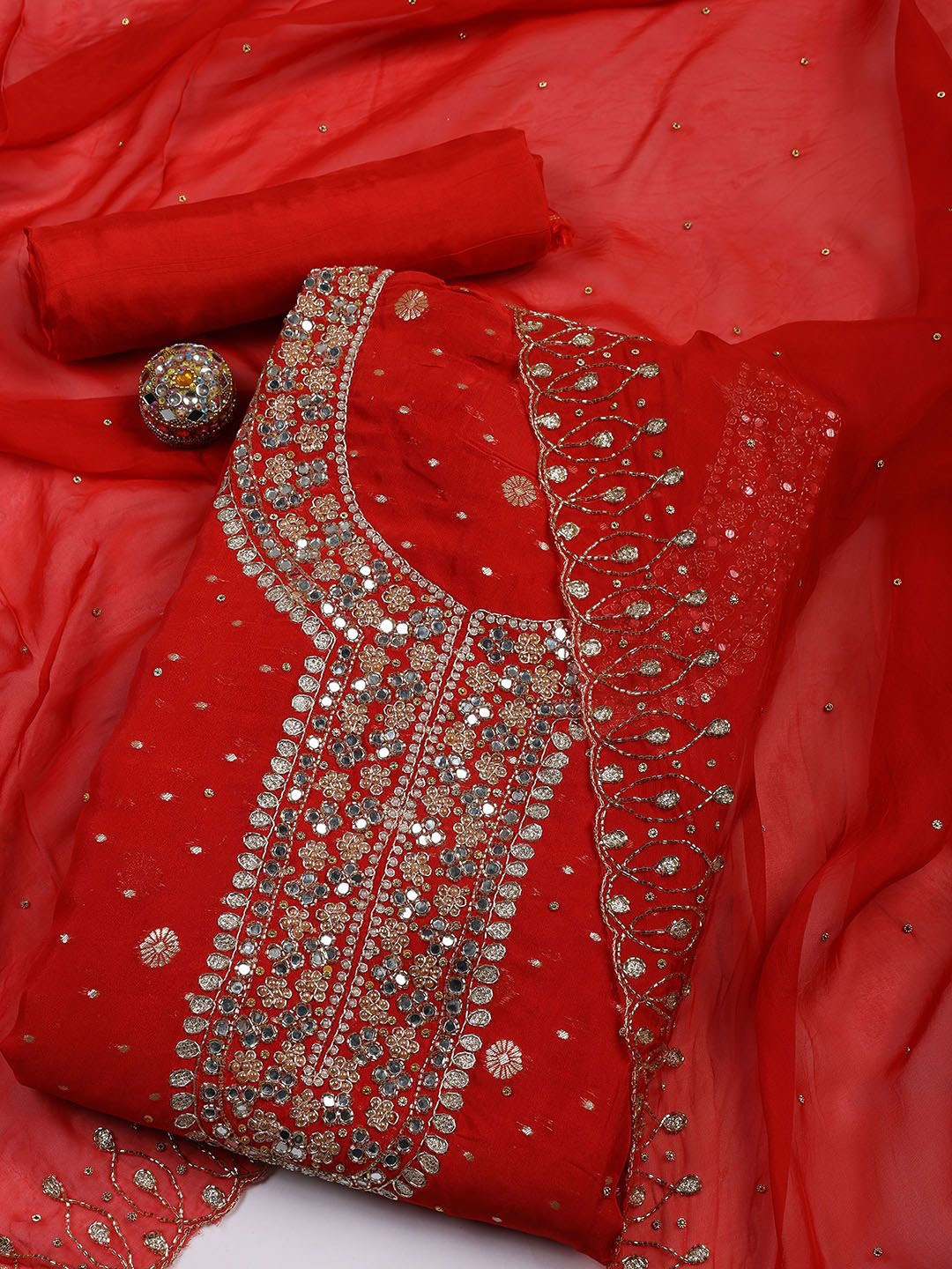 

Meena Bazaar Floral Embellished Zari Work Organza Unstitched Dress Material, Red