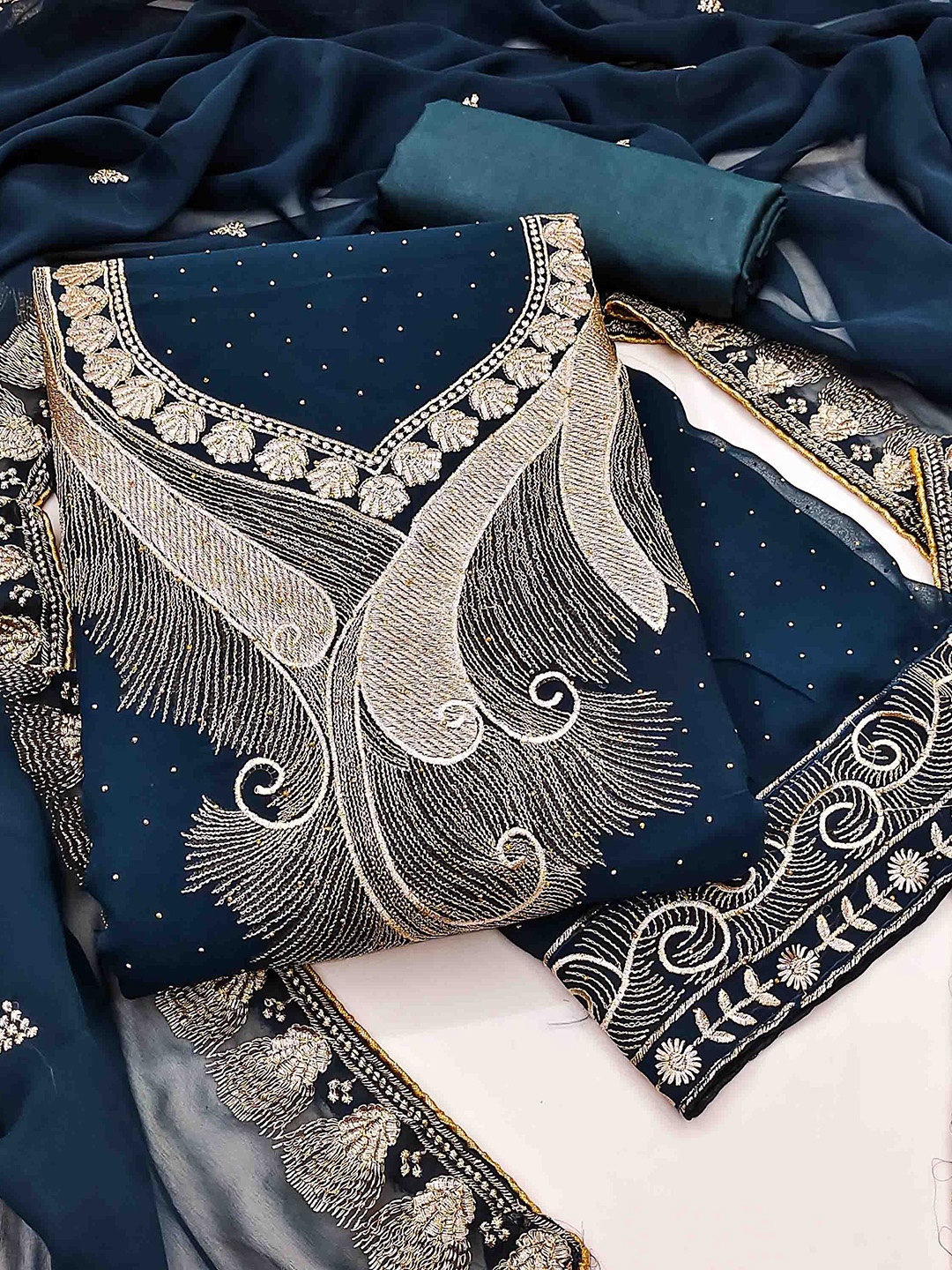 

KIMISHA Embroidered Unstitched Dress Material, Navy blue
