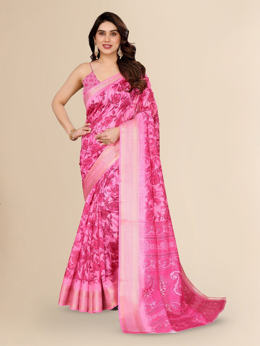 

Moda Rapido Floral Zari Saree, Pink