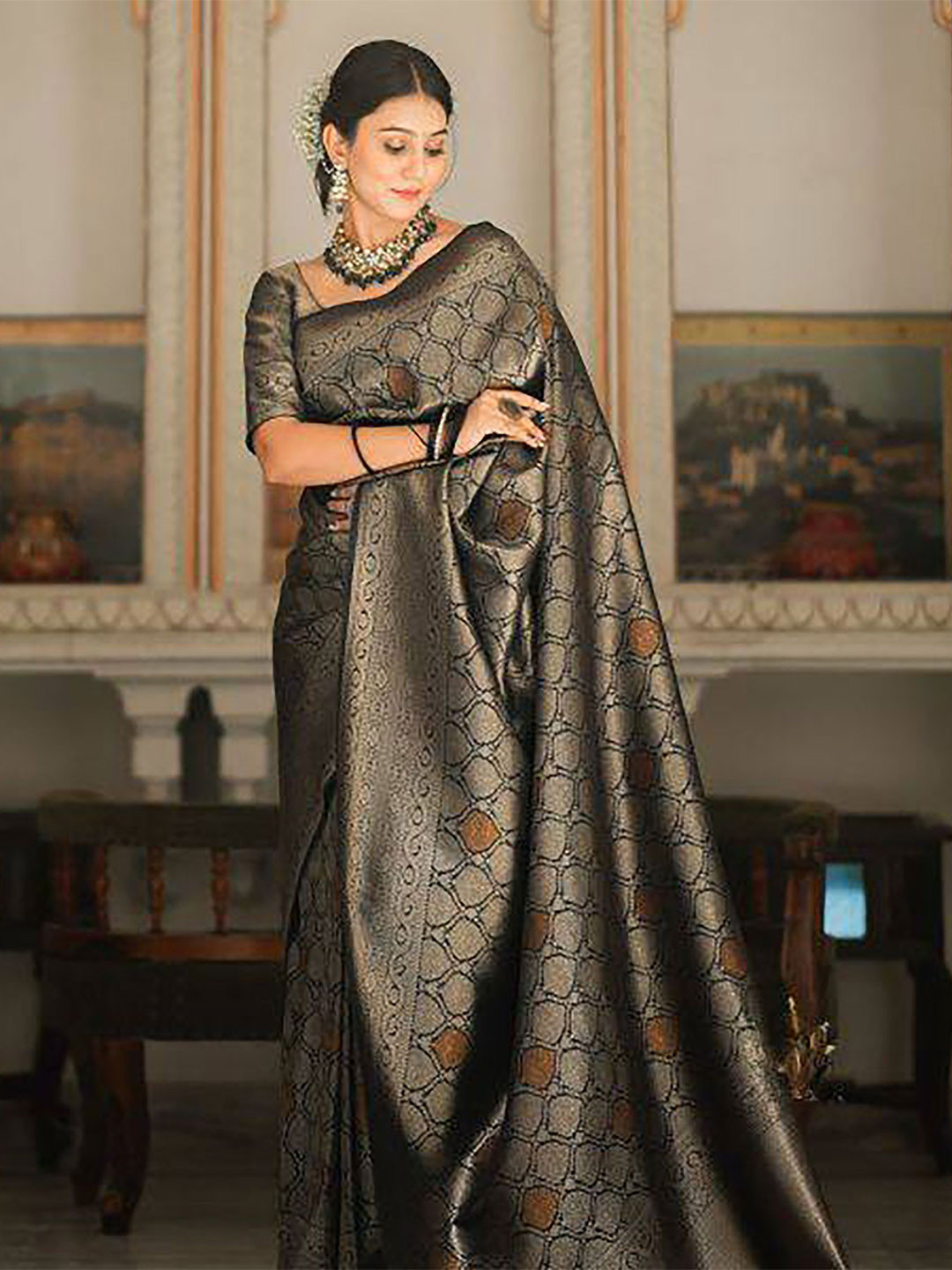 

KALINI Woven Design Zari Silk Blend Banarasi Saree, Black