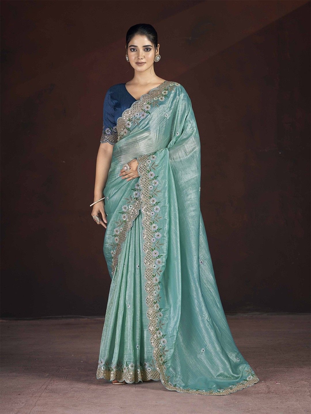 

Mitera Embellished Embroidered Silk Blend Saree, Teal