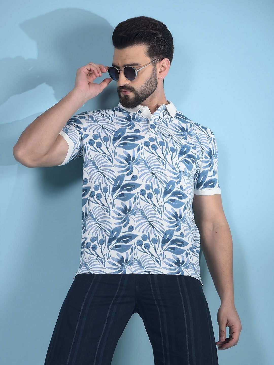 

Crimsoune Club Men Printed Polo Collar Raw Edge Slim Fit T-shirt, Blue