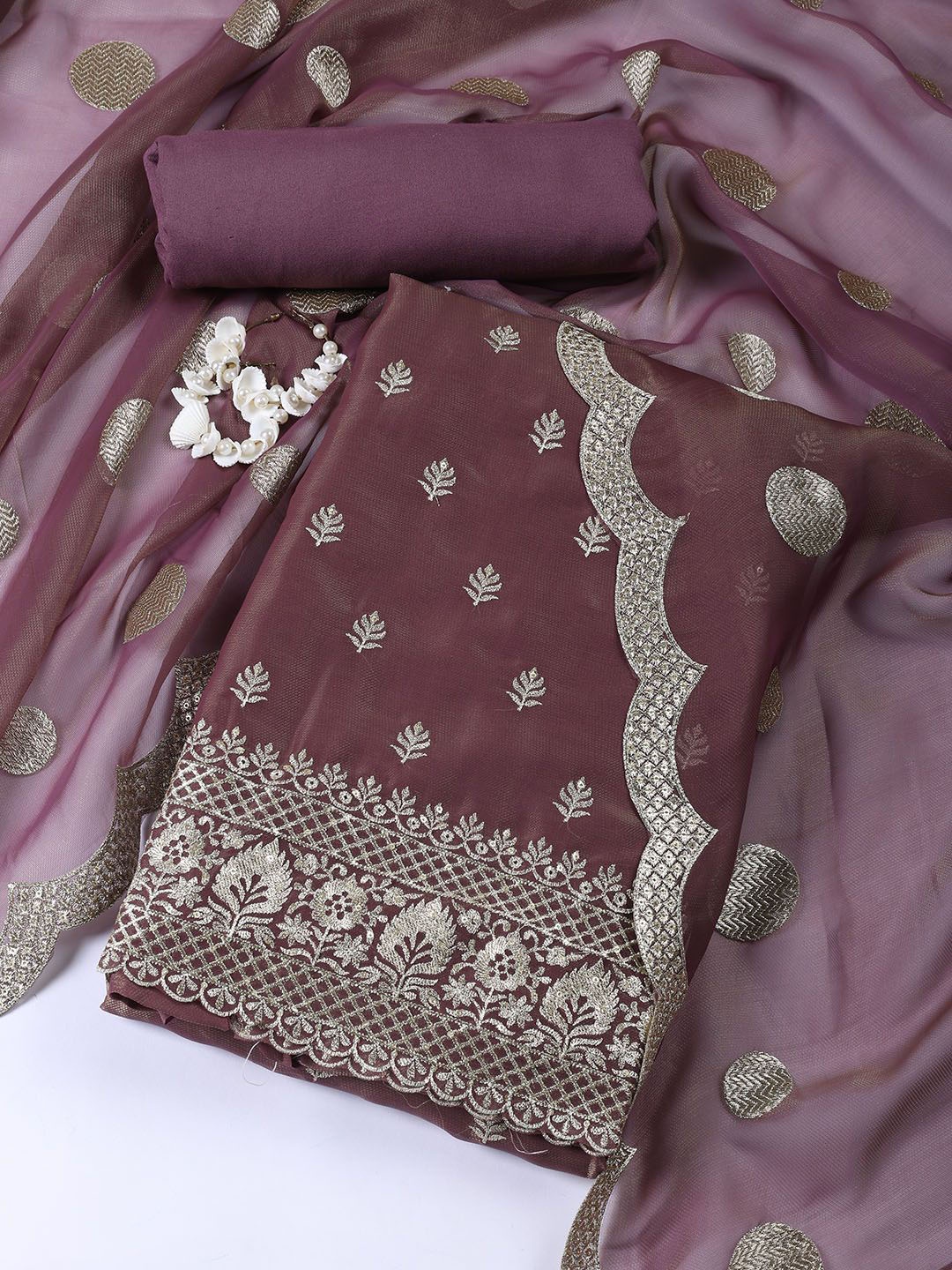 

Meena Bazaar Floral Embroidered Sequinned Unstitched Dress Material, Purple