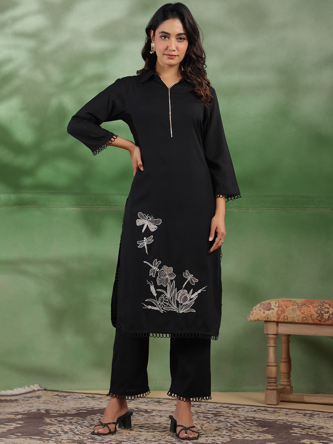 

AUTUMN LANE Women Regular Pure Cotton Kurti with Palazzos, Black