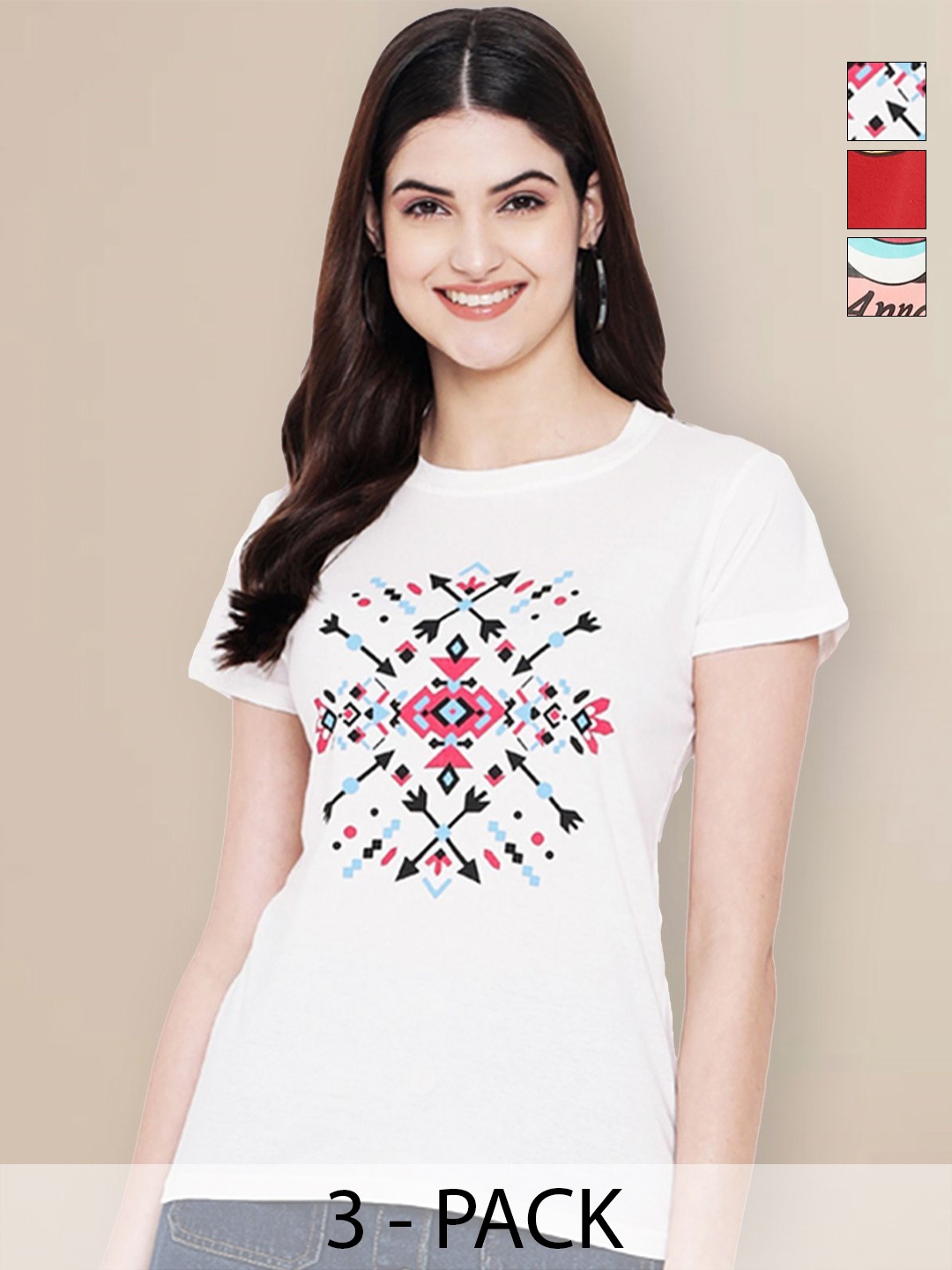 

Metronaut Women Pack of 3 Graphic Printed Round Neck Cotton T-shirts, White
