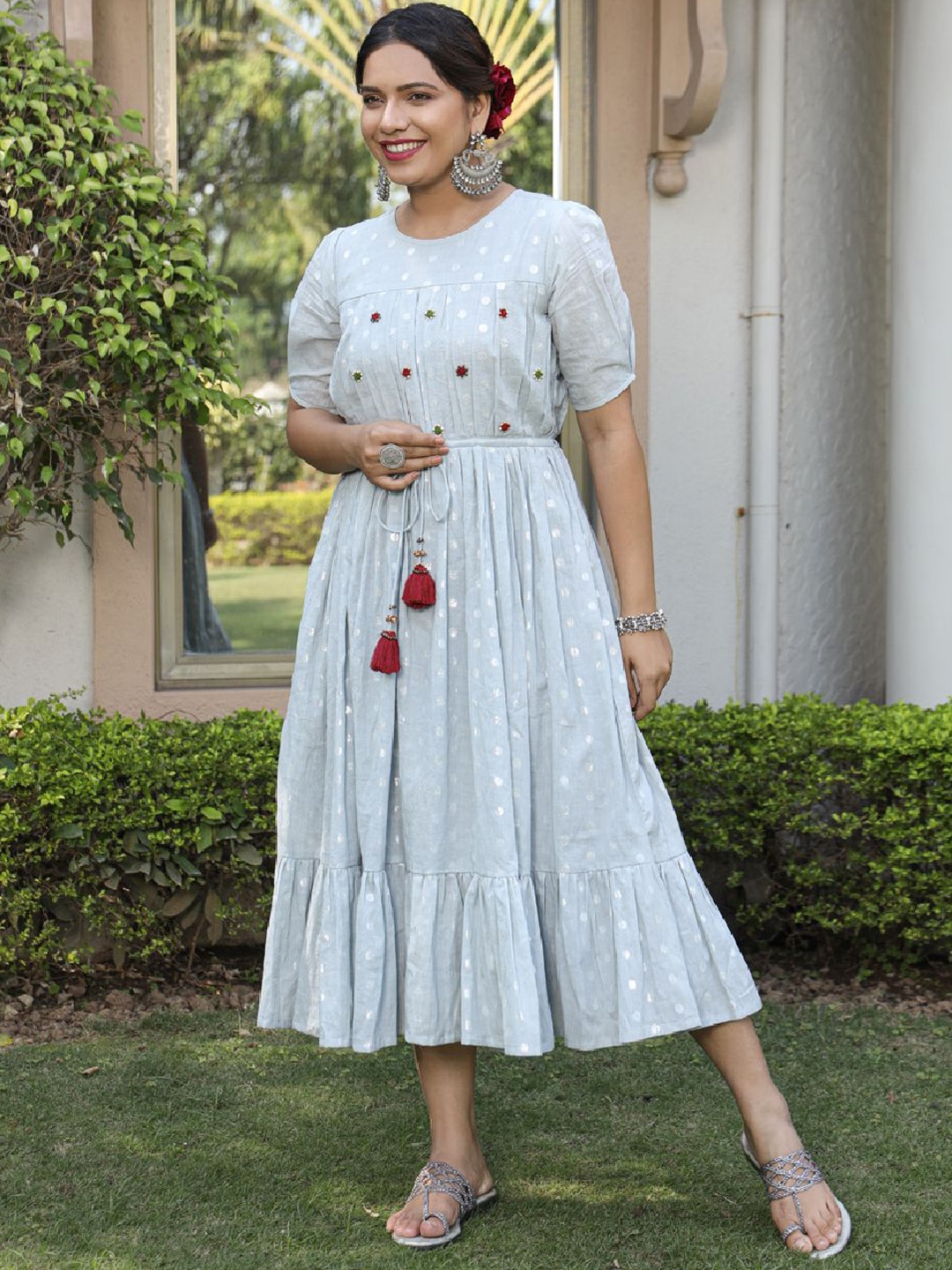 

HRITIKA Polka Dots Printed Round Neck Fit And Flare Cotton Midi Dress, Blue