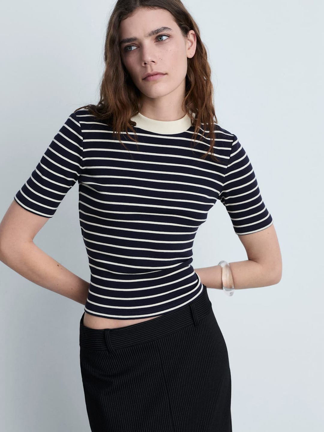 

MANGO Women Striped Pure Cotton T-shirt, Navy blue