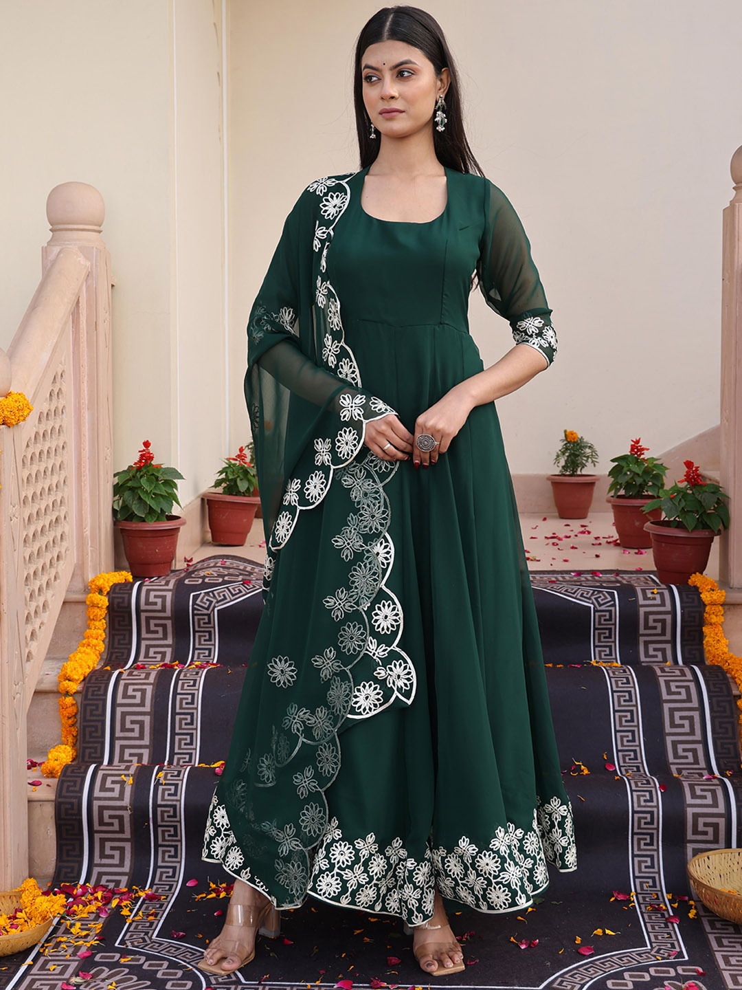 

Warthy Ent Floral Embroidered Anarkali Ethnic Dress With Dupatta, Green