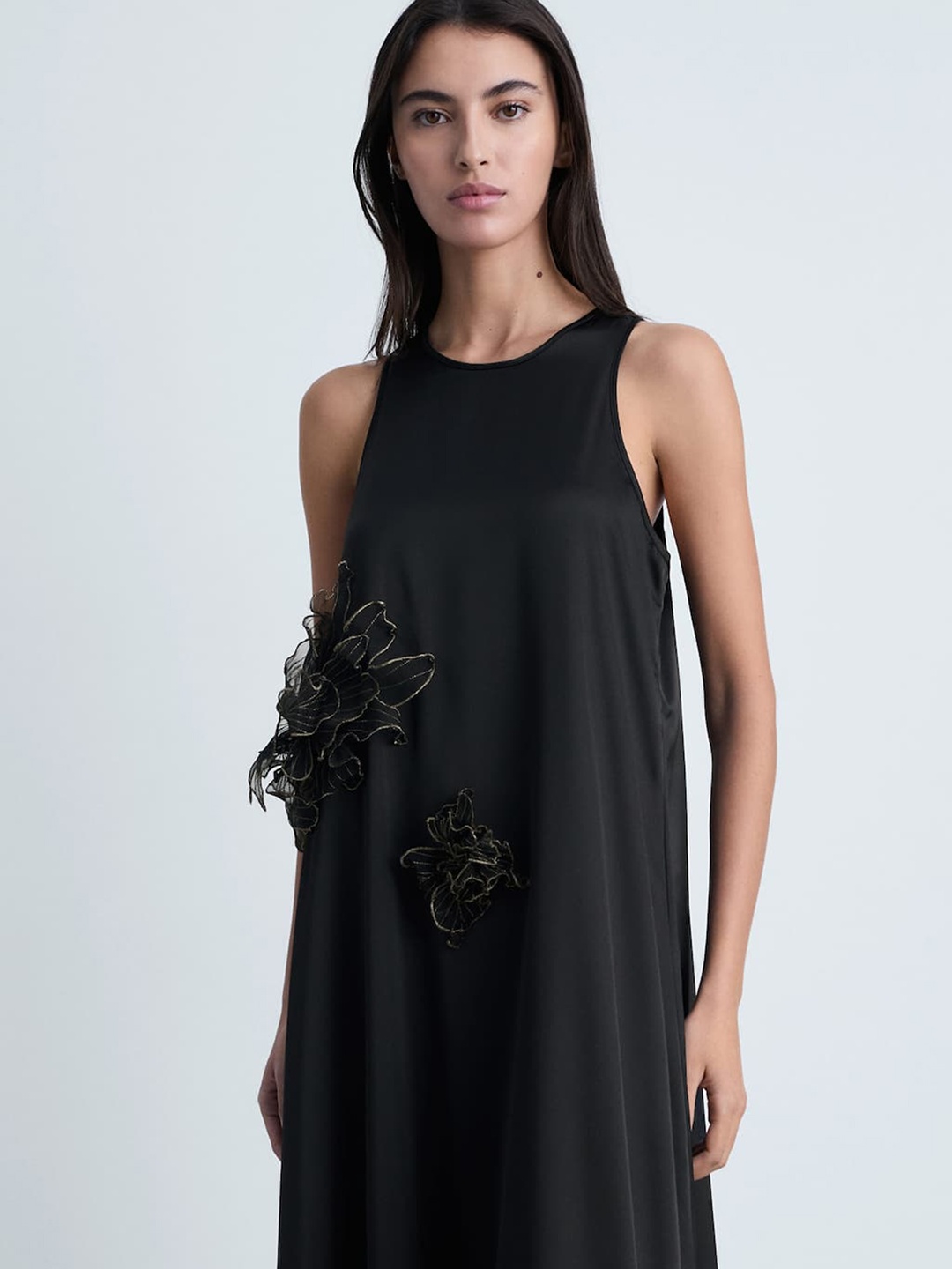 

MANGO Flower Detail Sleeveless Satin Maxi Dress, Black