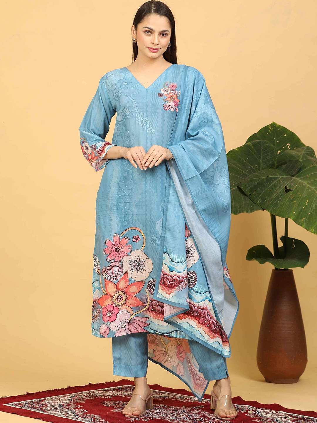 

GOLDSTROMS Floral Printed Linen Straight Kurta With Trousers & Dupatta, Blue