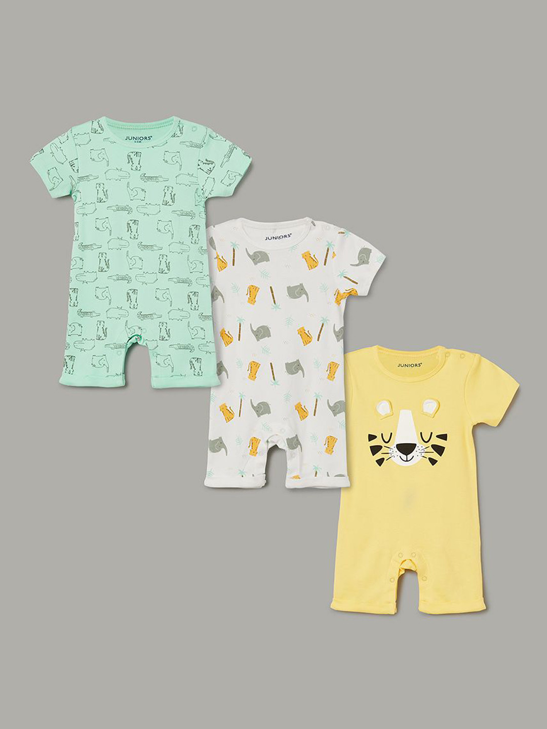 

Juniors by Lifestyle Infants Boys Pack Of 3 Printed Pure Cotton Rompers, Green