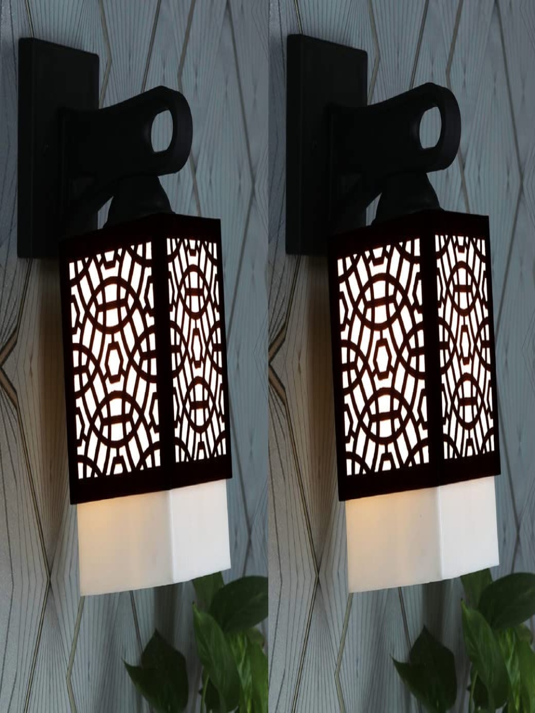 

Gojeeva Black & White 2 Pieces Textured Wooden Square Shaped Wall Lamps