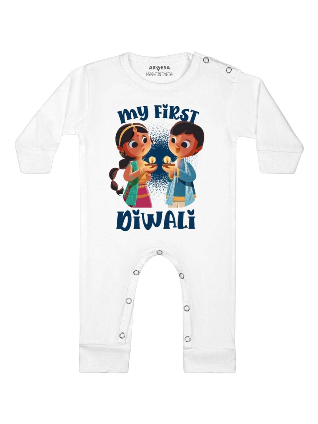 

Arvesa First Diwali Printed Baby Romper, White