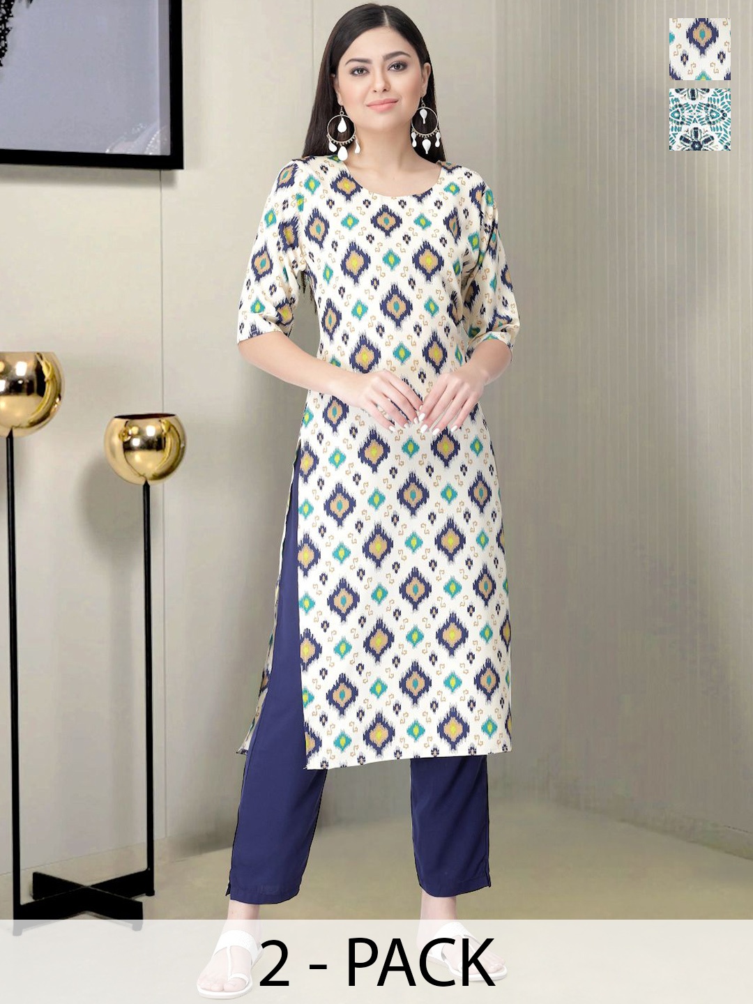 

Moda Rapido Selection of 2 Ethnic Motifs Printed Straight Kurtas With Trousers, White